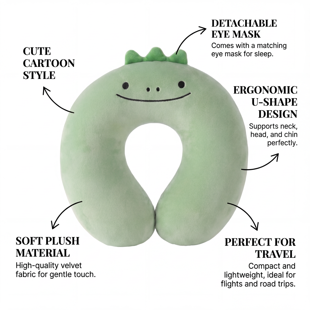 DinoComfort 2-in-1 Travel Neck Pillow with Matching Eye Mask - Soft Velvet