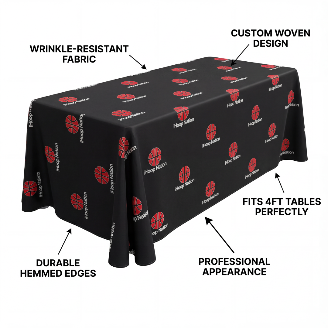 Custom Branded Woven Fabric Tablecloth - Fits 4ft/6ft Tables (Wrinkle-Resistant)