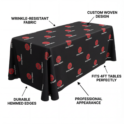 Custom Branded Woven Fabric Tablecloth - Fits 4ft/6ft Tables (Wrinkle-Resistant)